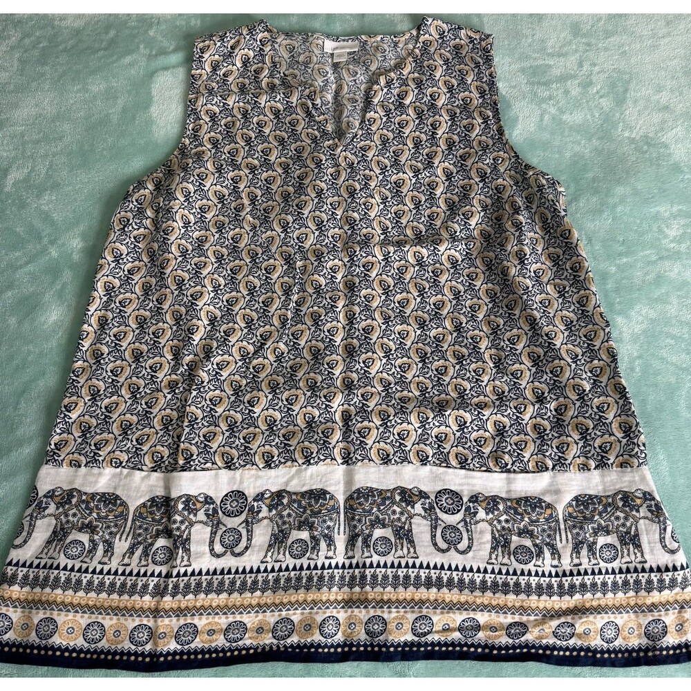 J Jill Love Linen Sleeveless Tunic Top Size L Elephant Paisley 100% Linen Pocket